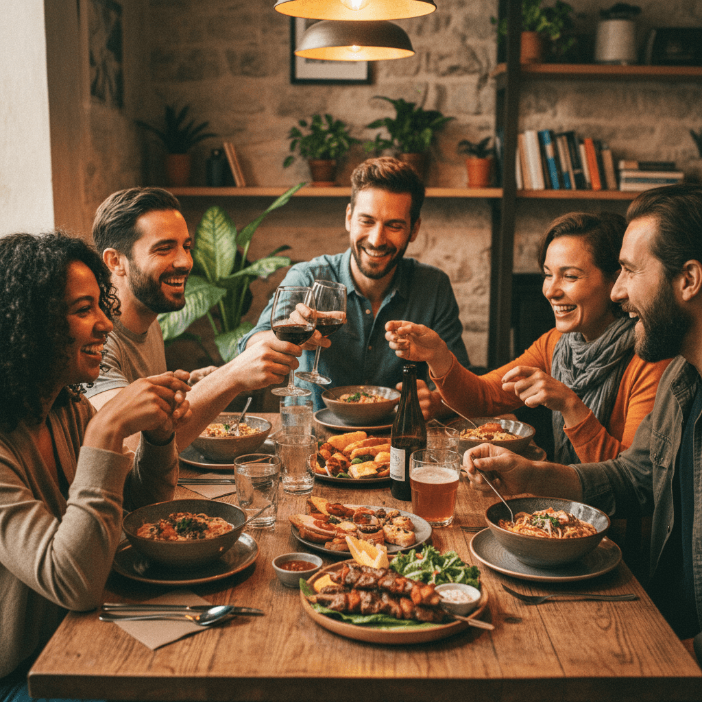 Travelers sharing a meal together during a tour experience