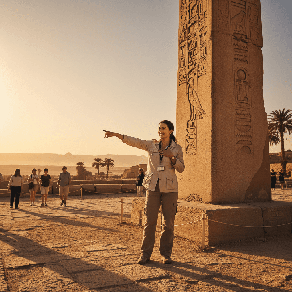 Expert tour guide explaining Egyptian history at an ancient monument