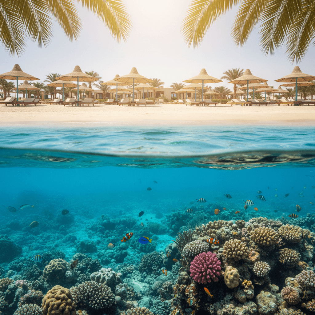 Turquoise Red Sea waters and white sand beach in Hurghada