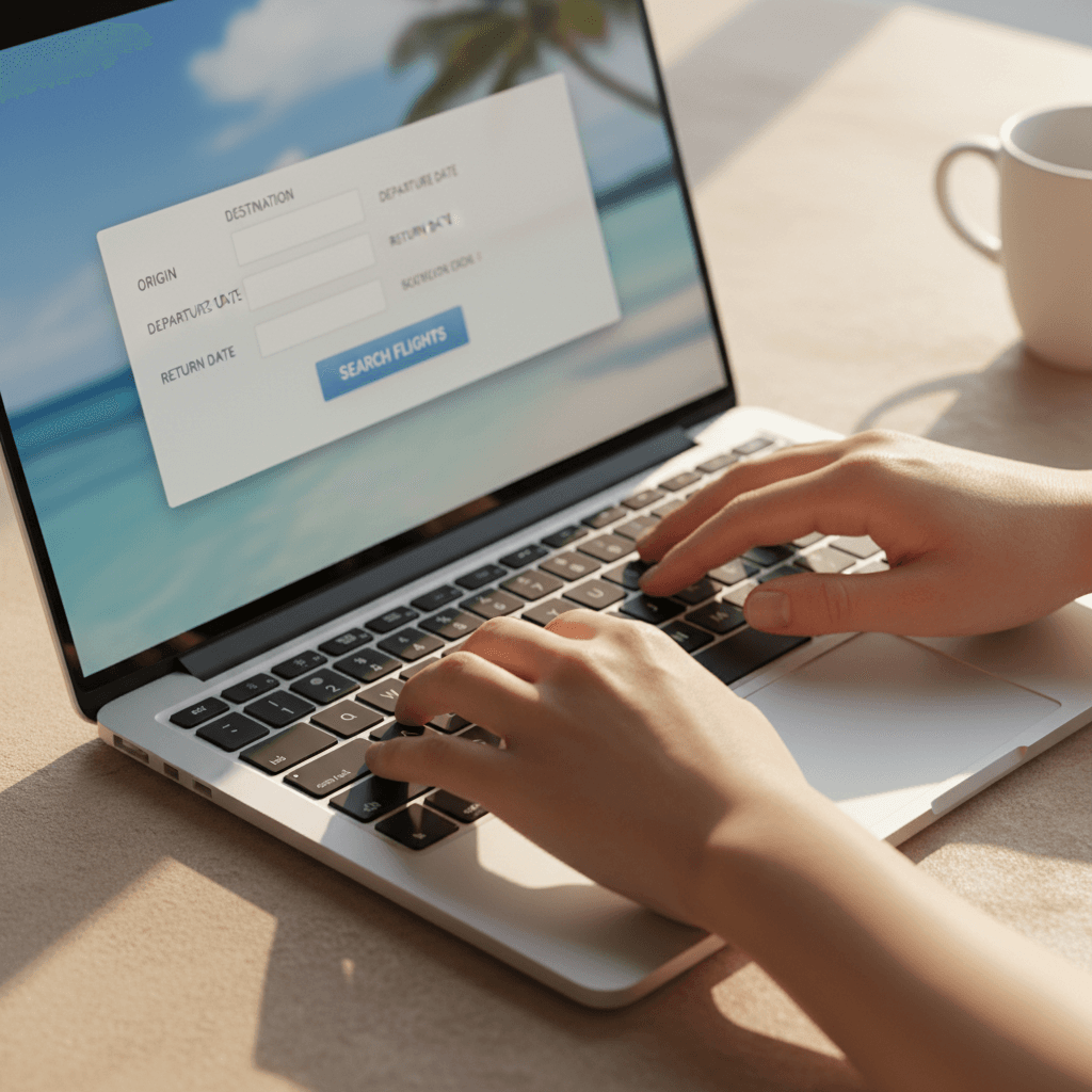Person filling out a travel booking form on a laptop