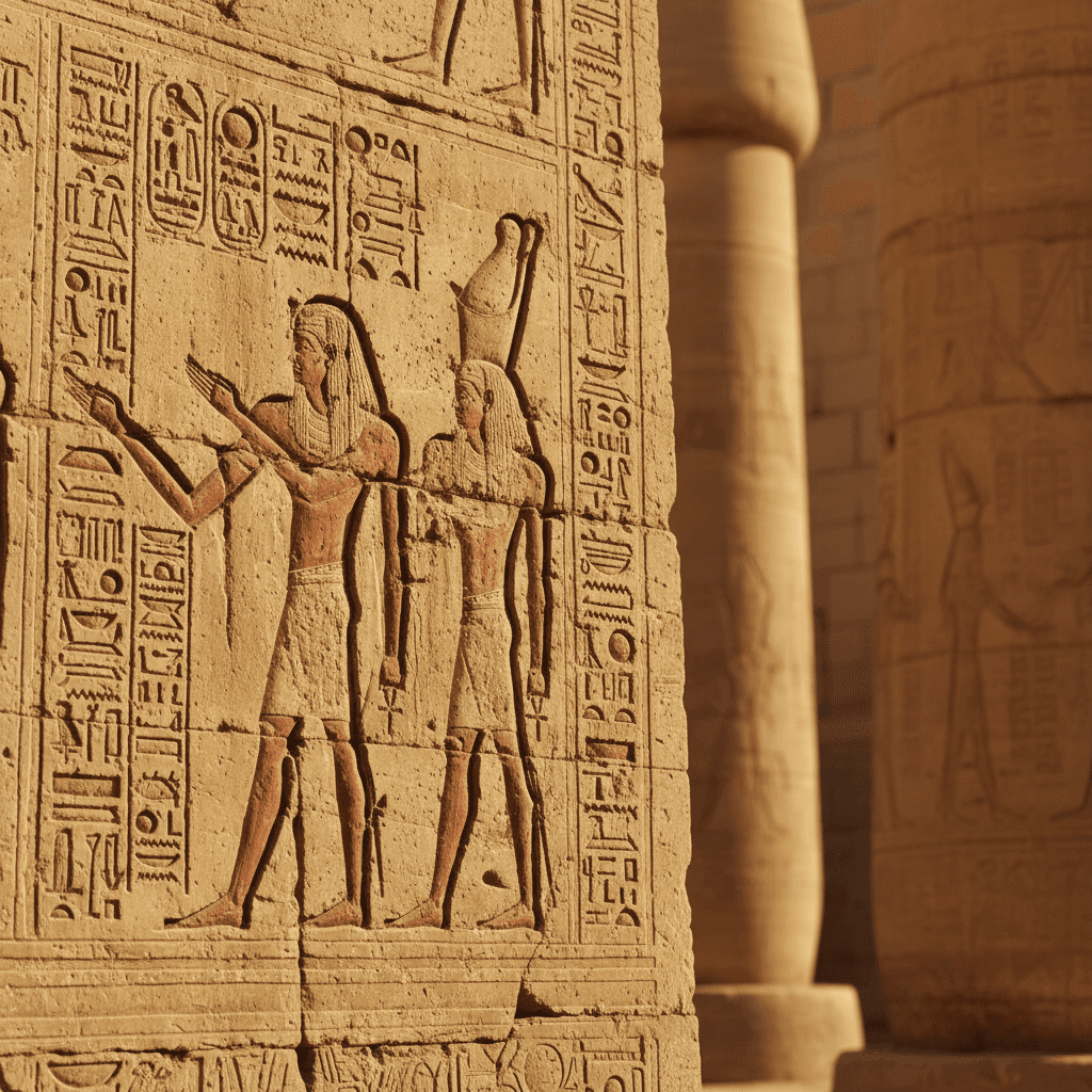 Detailed hieroglyphic carvings on ancient Luxor temple wall with warm dramatic lighting