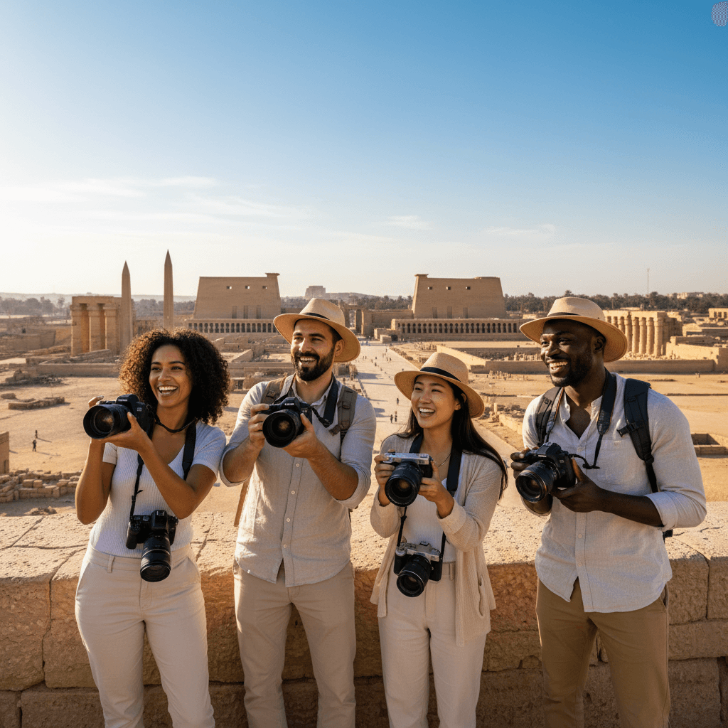 Travelers experiencing Luxor temple ruins with genuine excitement