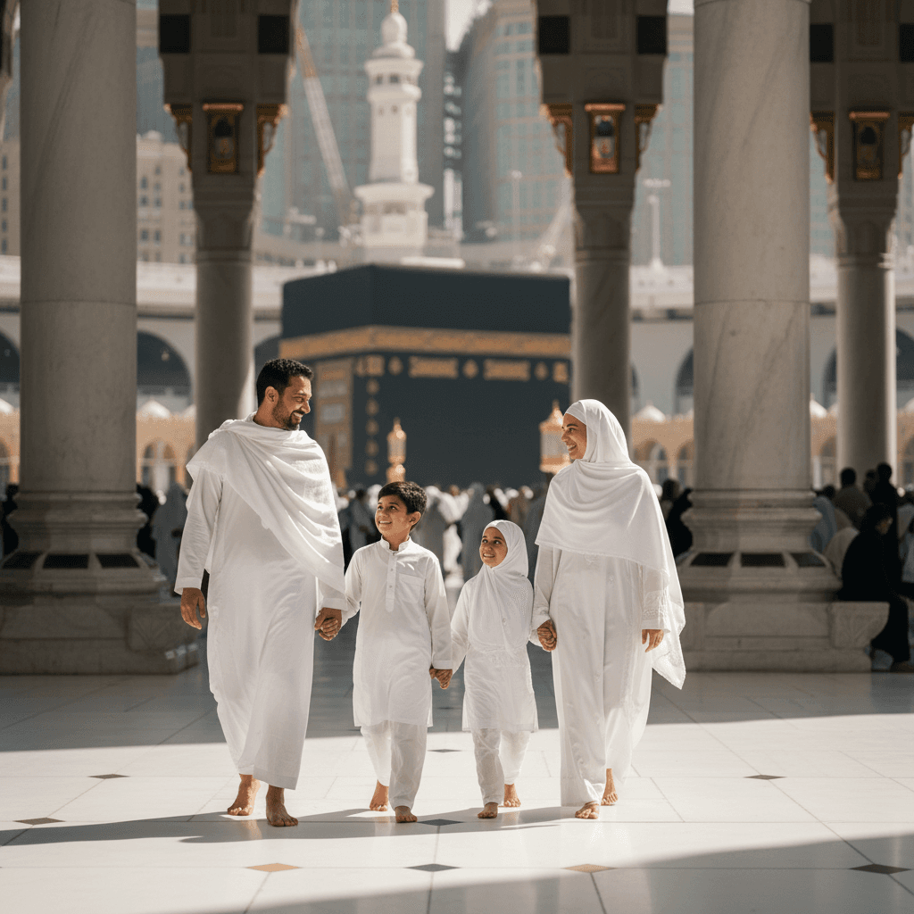 Family enjoying their Umrah experience together at Al-Masjid Al-Haram