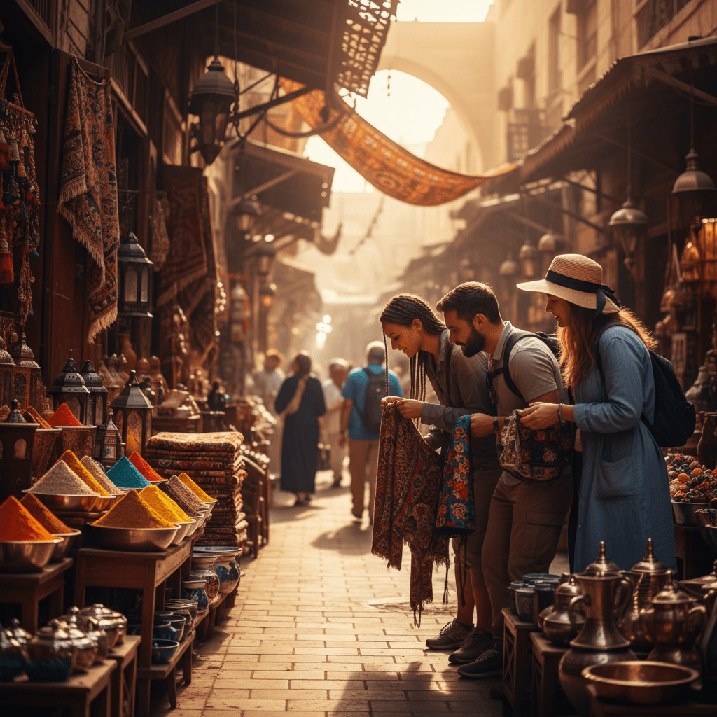 Travelers exploring colorful Egyptian market and local crafts