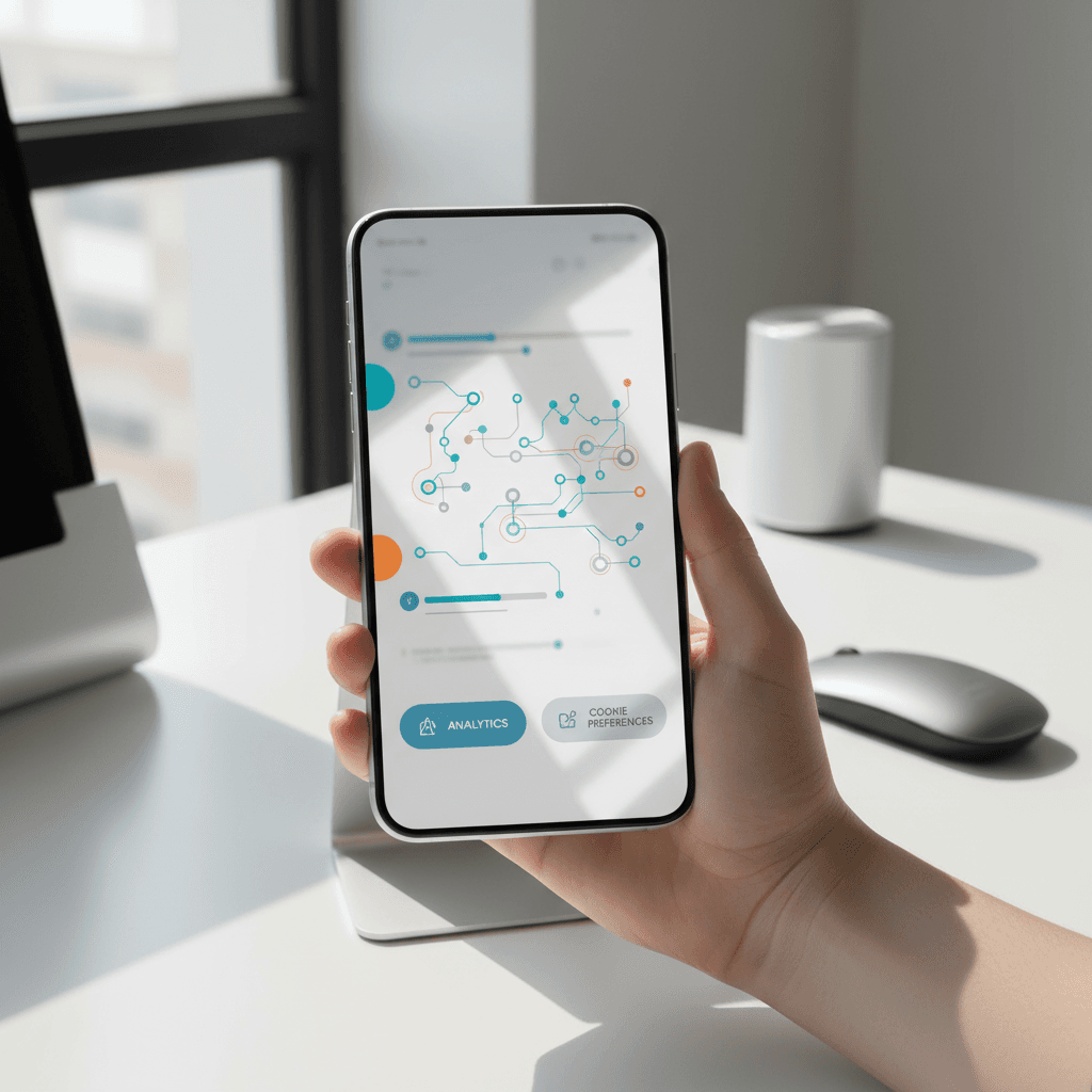Smartphone showing website analytics and cookie preferences