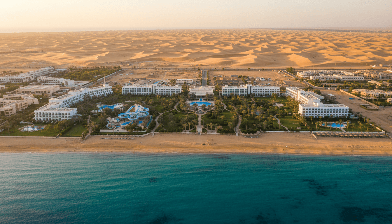 Aerial view of Egyptian resort coastline with turquoise waters and golden desert landscape
