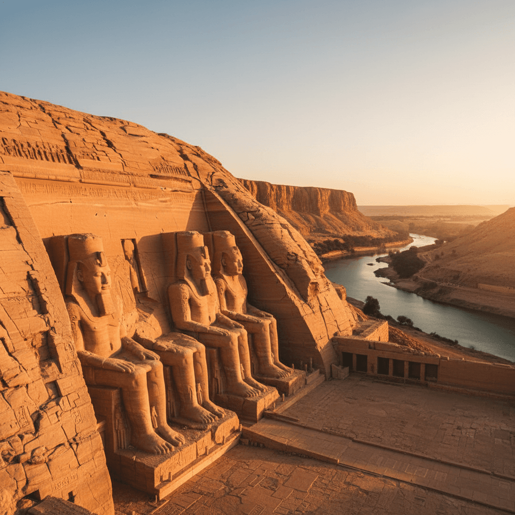 Great Temple of Abu Simbel at sunset with golden light on massive pharaonic statues