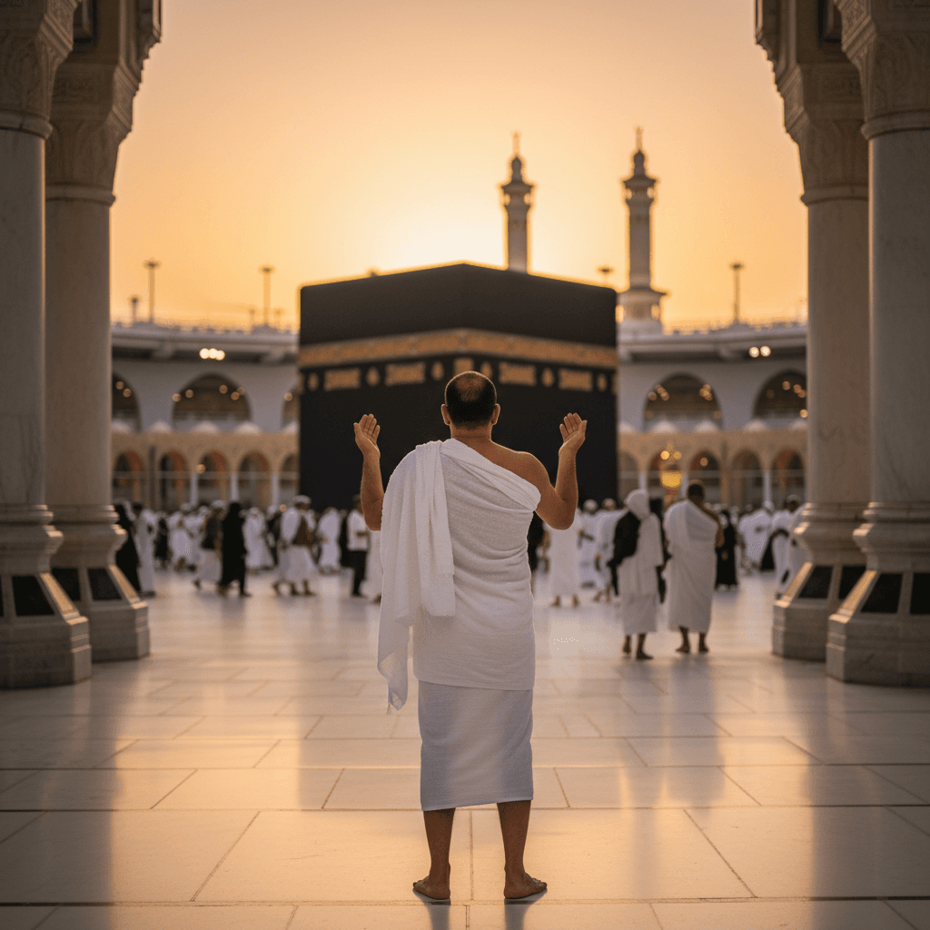 Pilgrim experiencing spiritual moment during Umrah journey with Fowj Travel