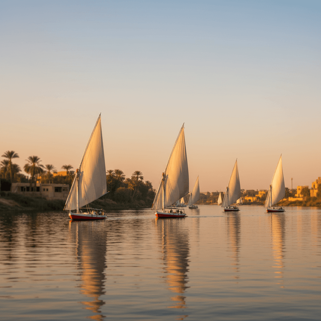 Traditional felucca sailboats on the Nile River at Aswan during golden hour