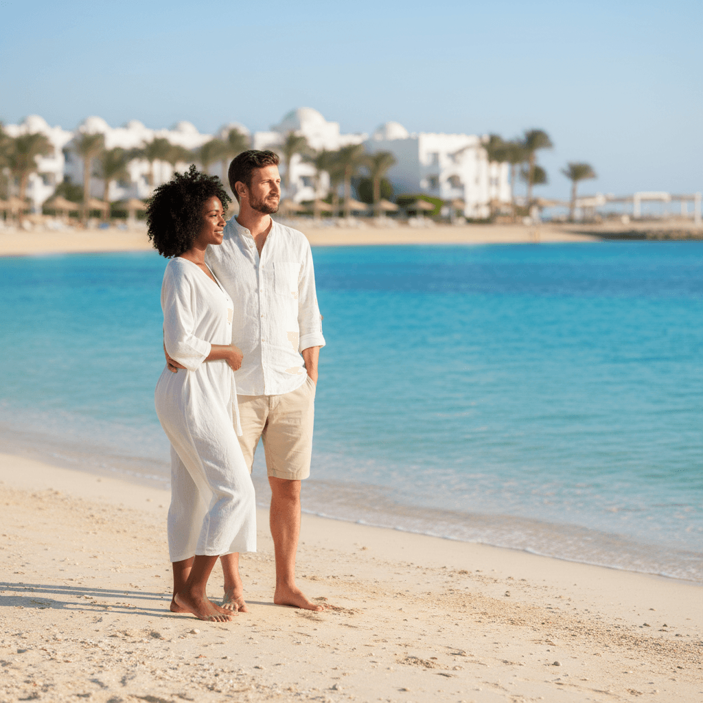 Couple enjoying pristine turquoise waters and white sand beach at Hurghada resort