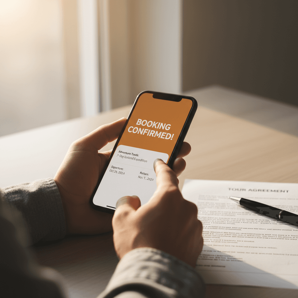Digital booking confirmation displayed on smartphone with printed itinerary