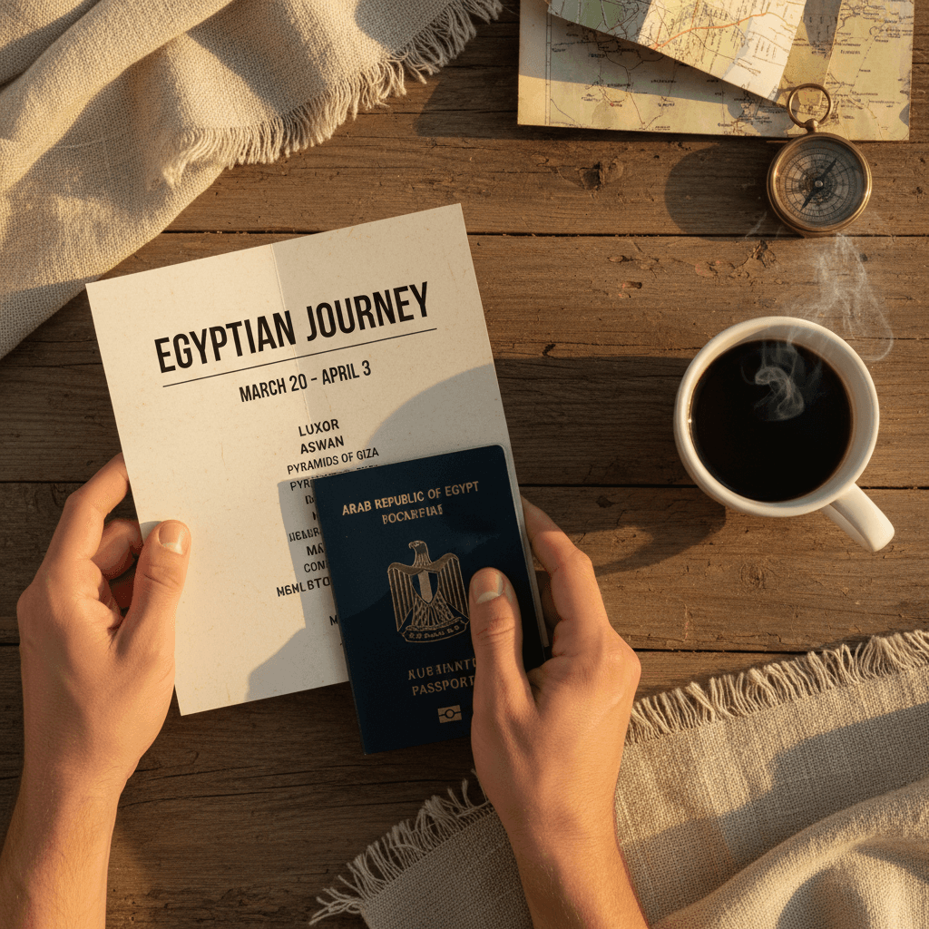 Traveler reviewing Egypt itinerary and passport