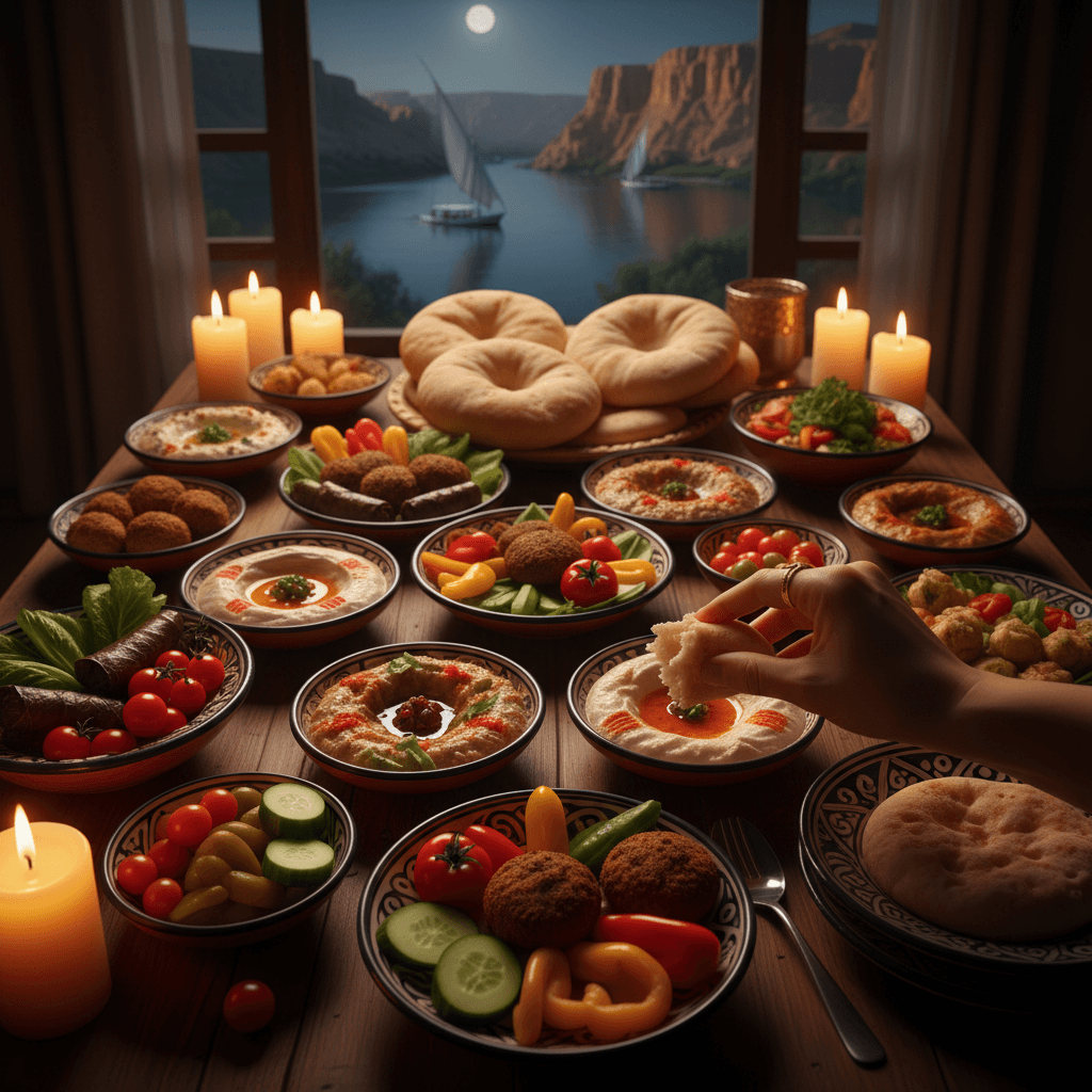 Traditional Egyptian dinner spread with hands reaching for bread, warm amber lighting