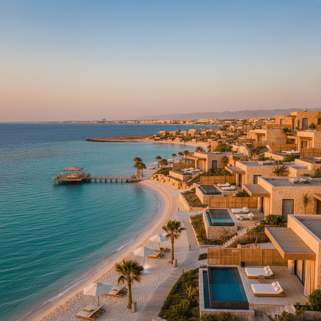 Luxury beachfront resort in Hurghada or Sharm El Sheikh at golden hour