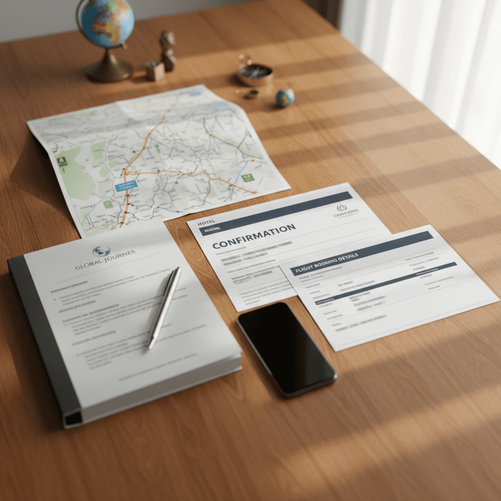 Organized travel documents and itinerary planning materials