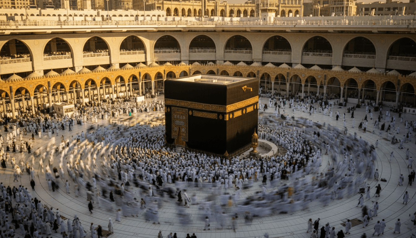 The sacred Kaaba in Masjid al-Haram with pilgrims performing circumambulation during golden hour