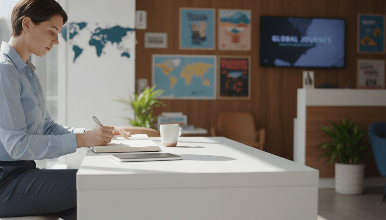 Person sitting at desk with book and pen in a travel agency office.