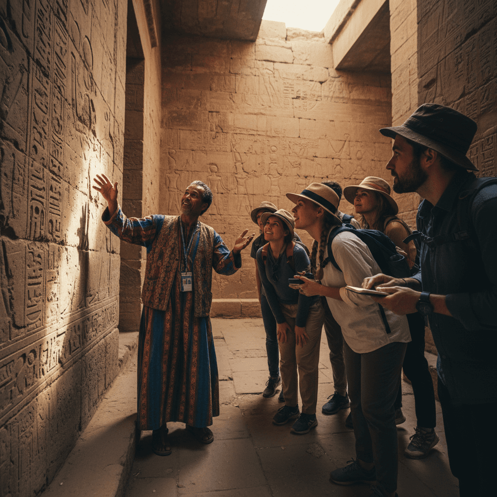Local tour guide actively teaching travelers about Egyptian history