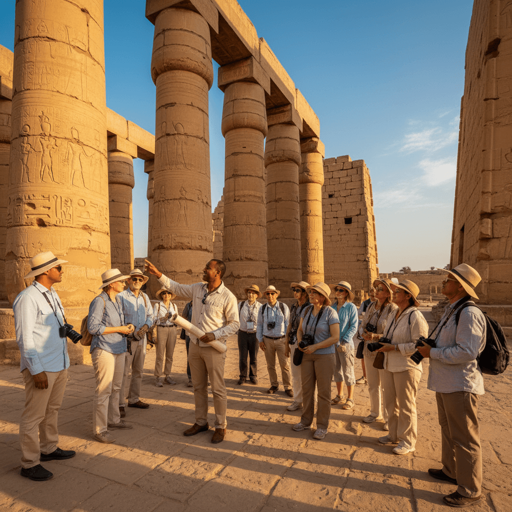 Expert tour guide leading travelers through ancient Luxor temple ruins