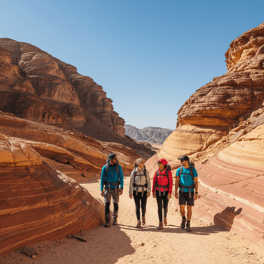 Group of diverse travelers hiking colorful rock formations near Sharm El Sheikh