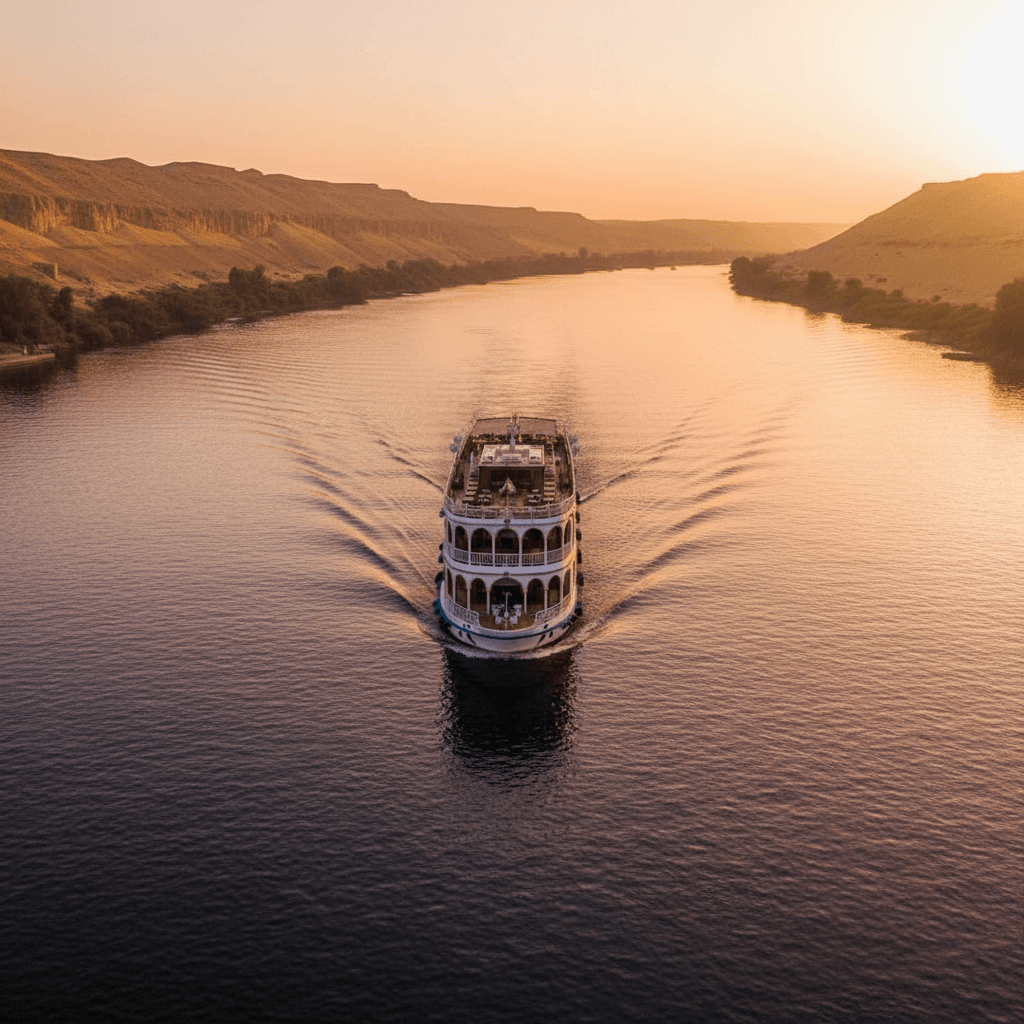 Luxury Nile cruise sailing through golden hour light
