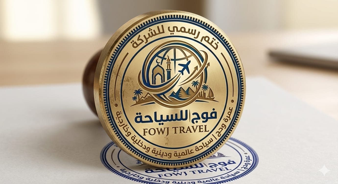 Gold circular stamp for Fowj Travel with Arabic text and travel icons on paper.