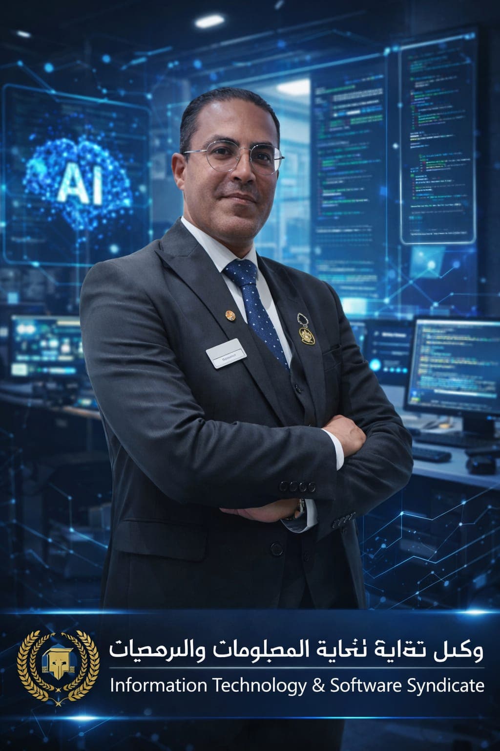 Professional man in a suit standing before a futuristic digital background with AI graphics.